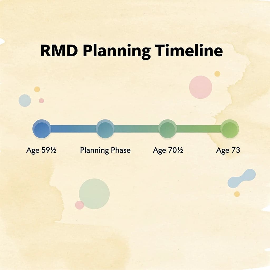 Timeline showing key RMD planning milestones from age 59½ to 73
