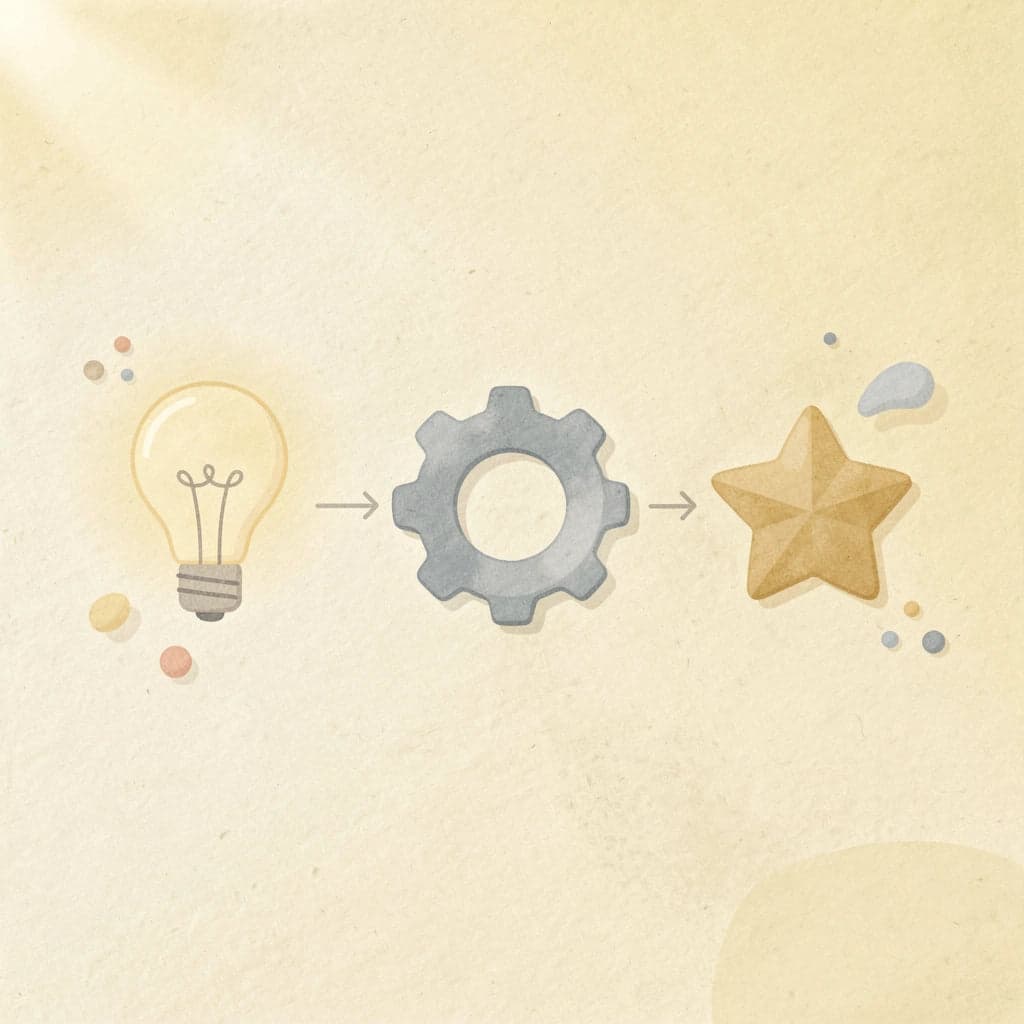 Three icons showing progression from idea to automation to completion