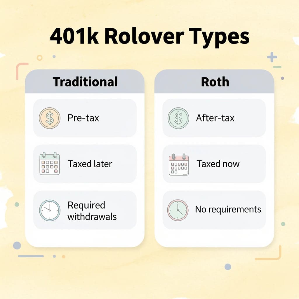 Comparison chart showing traditional vs Roth 401k rollover differences