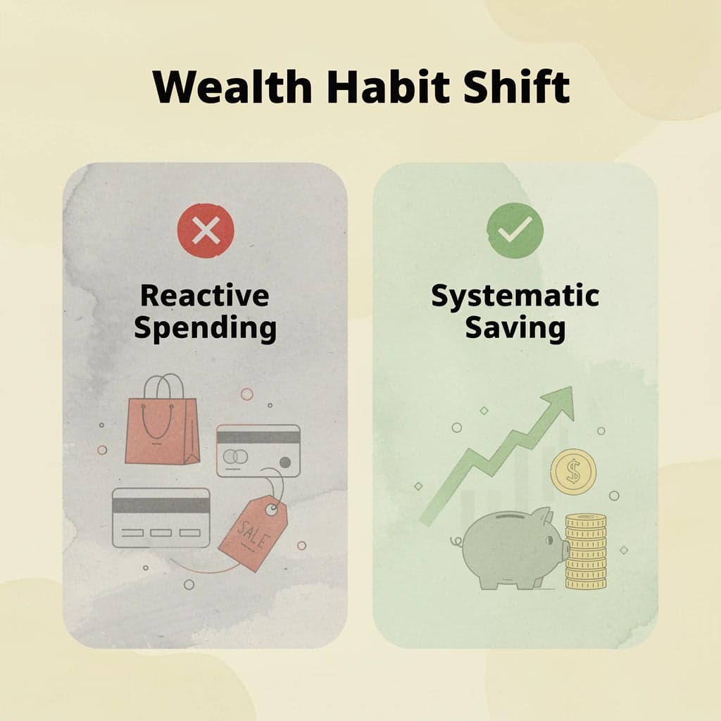Before and after infographic showing shift from reactive spending to systematic saving