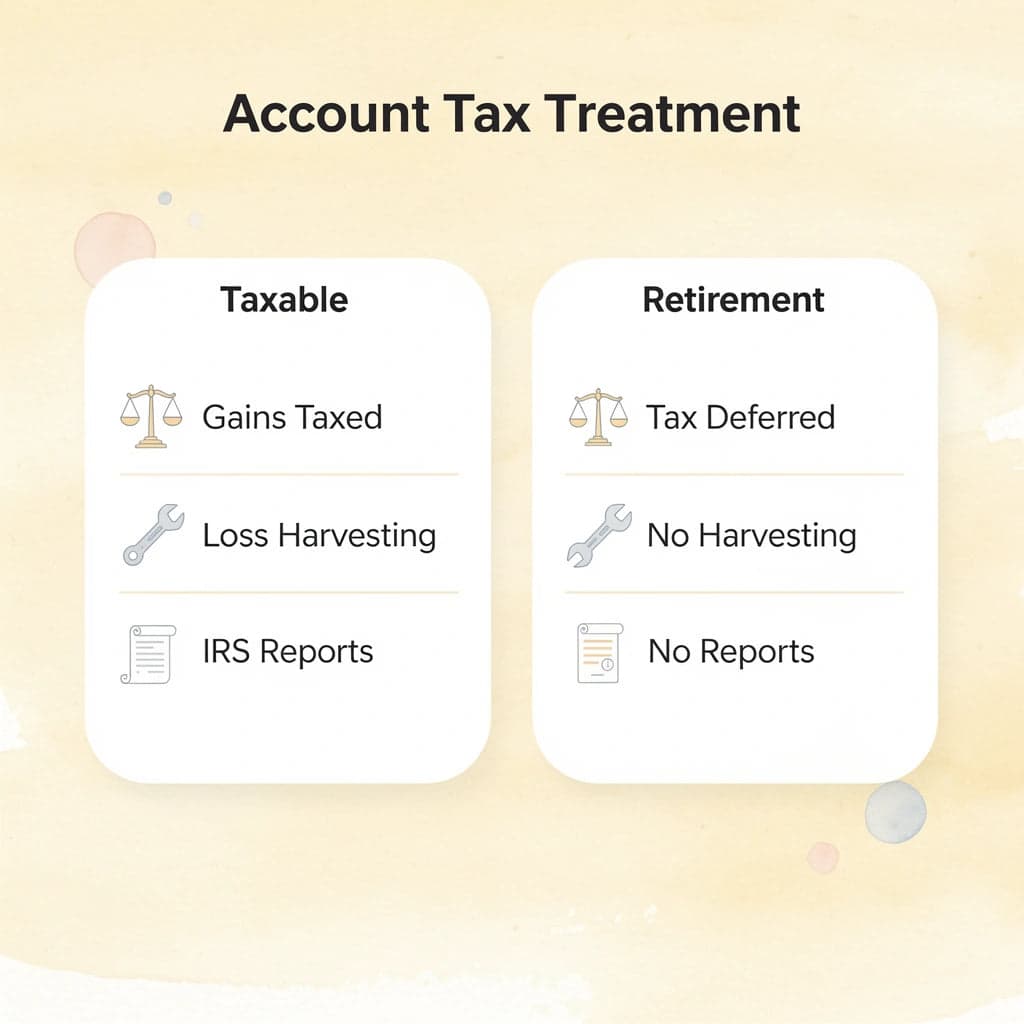 Comparison chart showing differences between taxable and retirement account tax treatment