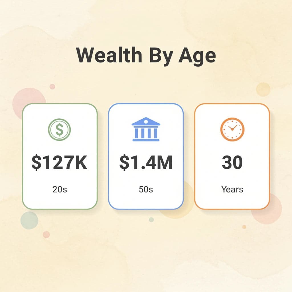 Statistics showing wealth growth from 20s to 50s over 30 years