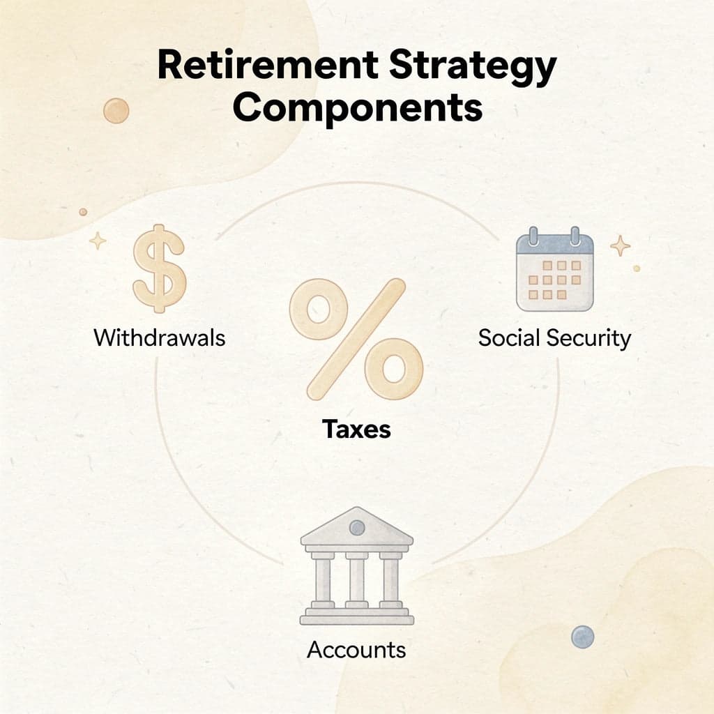 Hub and spoke diagram showing comprehensive retirement strategy components