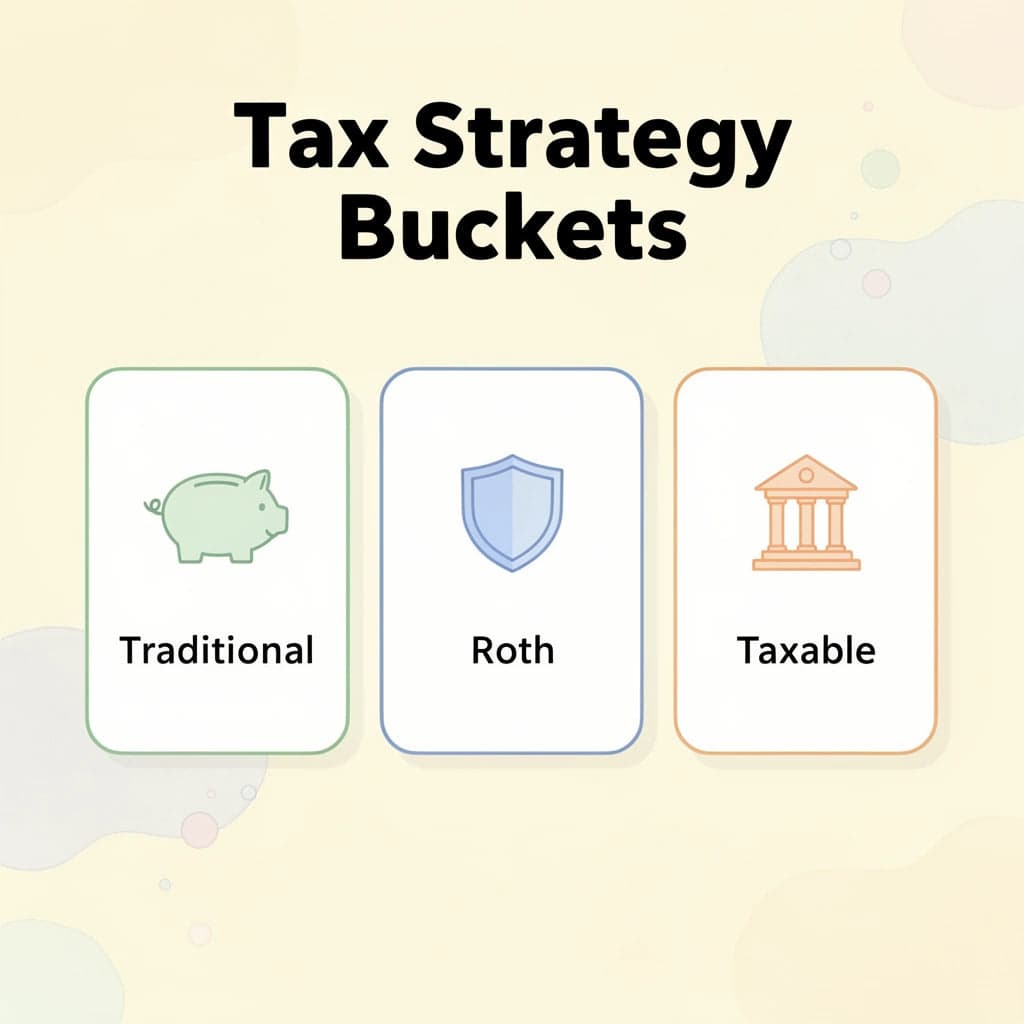 Three cards showing the main tax strategy buckets for retirement planning