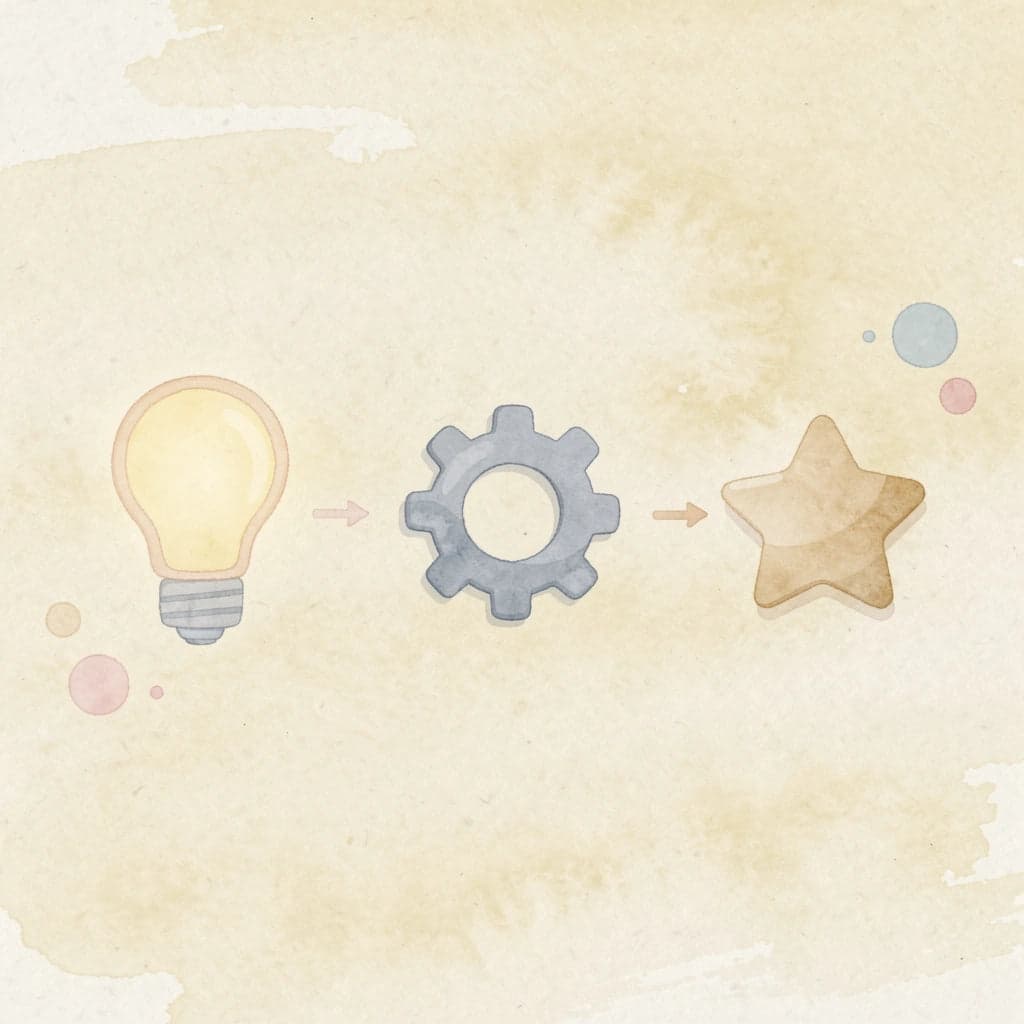 Three icons showing progression from complexity to growth through action