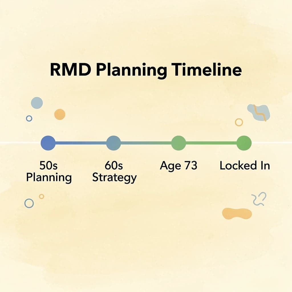 Timeline showing RMD planning phases from the 50s to age 73