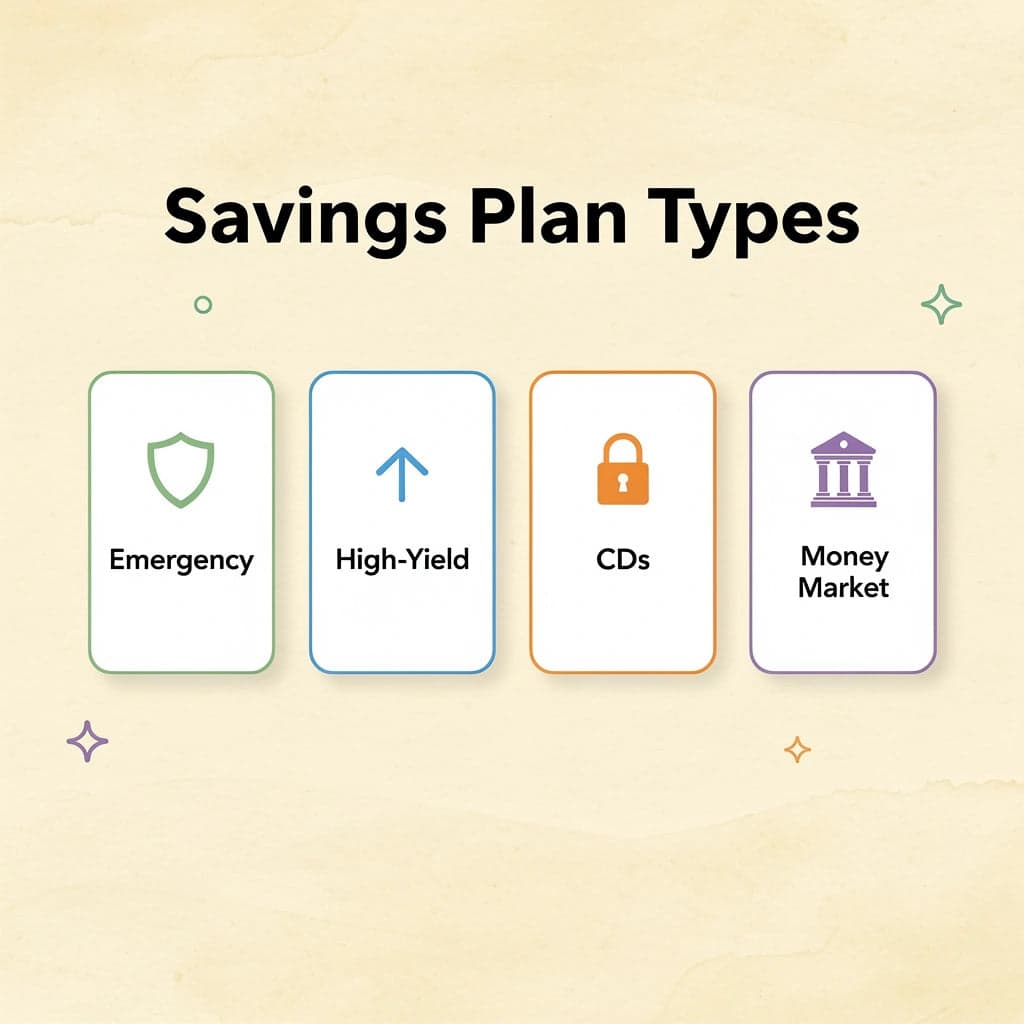 Four cards showing different savings plan types with icons