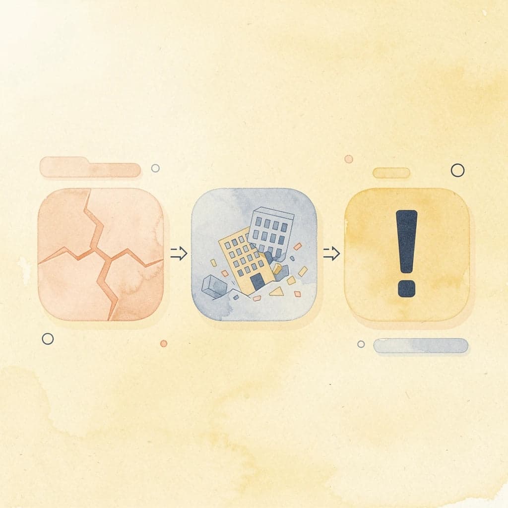 Three icons showing progression from small cracks to structural collapse
