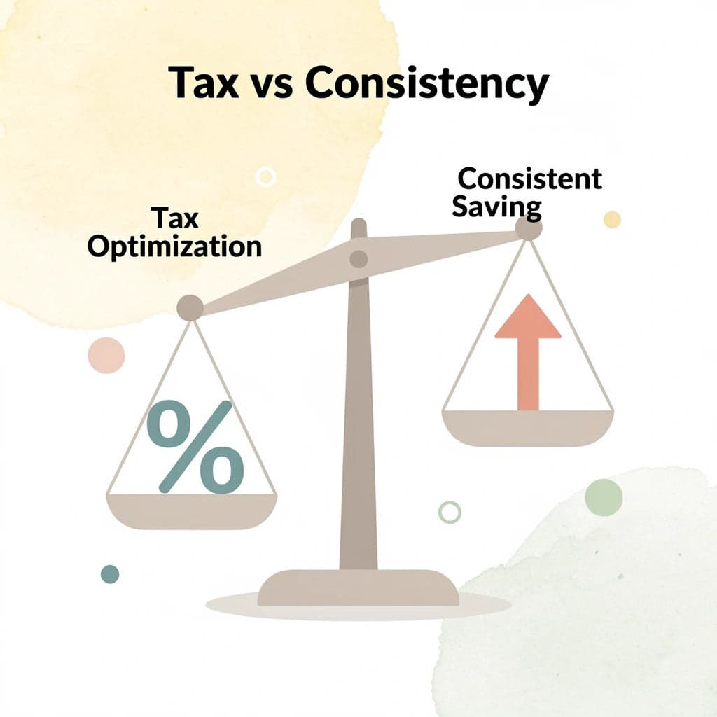 Balance scale comparing tax optimization versus consistent saving