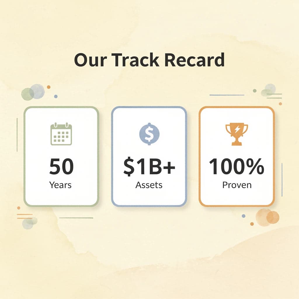 Statistics showing 50 years of experience, $1B+ assets managed, and proven results