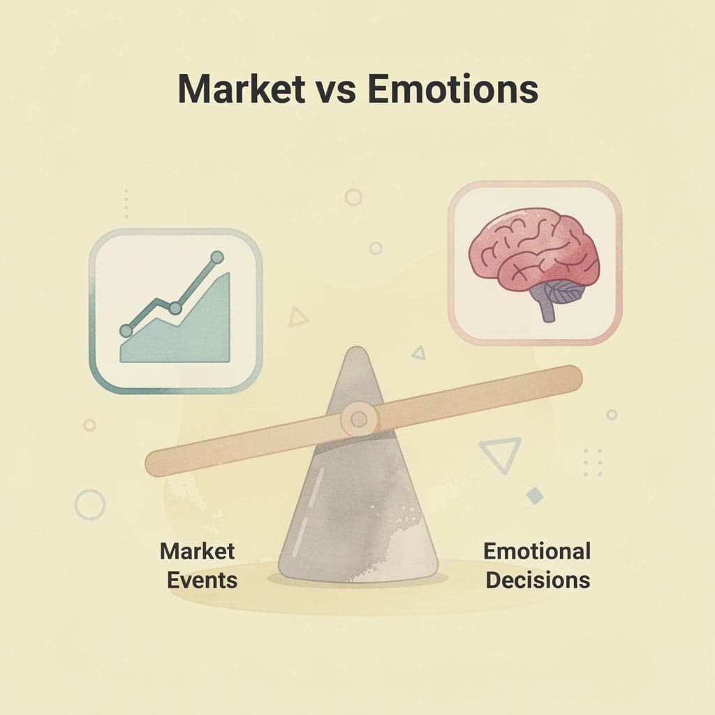 Balance scale comparing market events versus emotional decisions as wealth destroyers