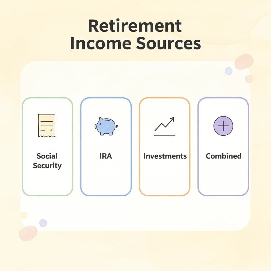 Four cards showing different retirement income sources that combine for filing requirements