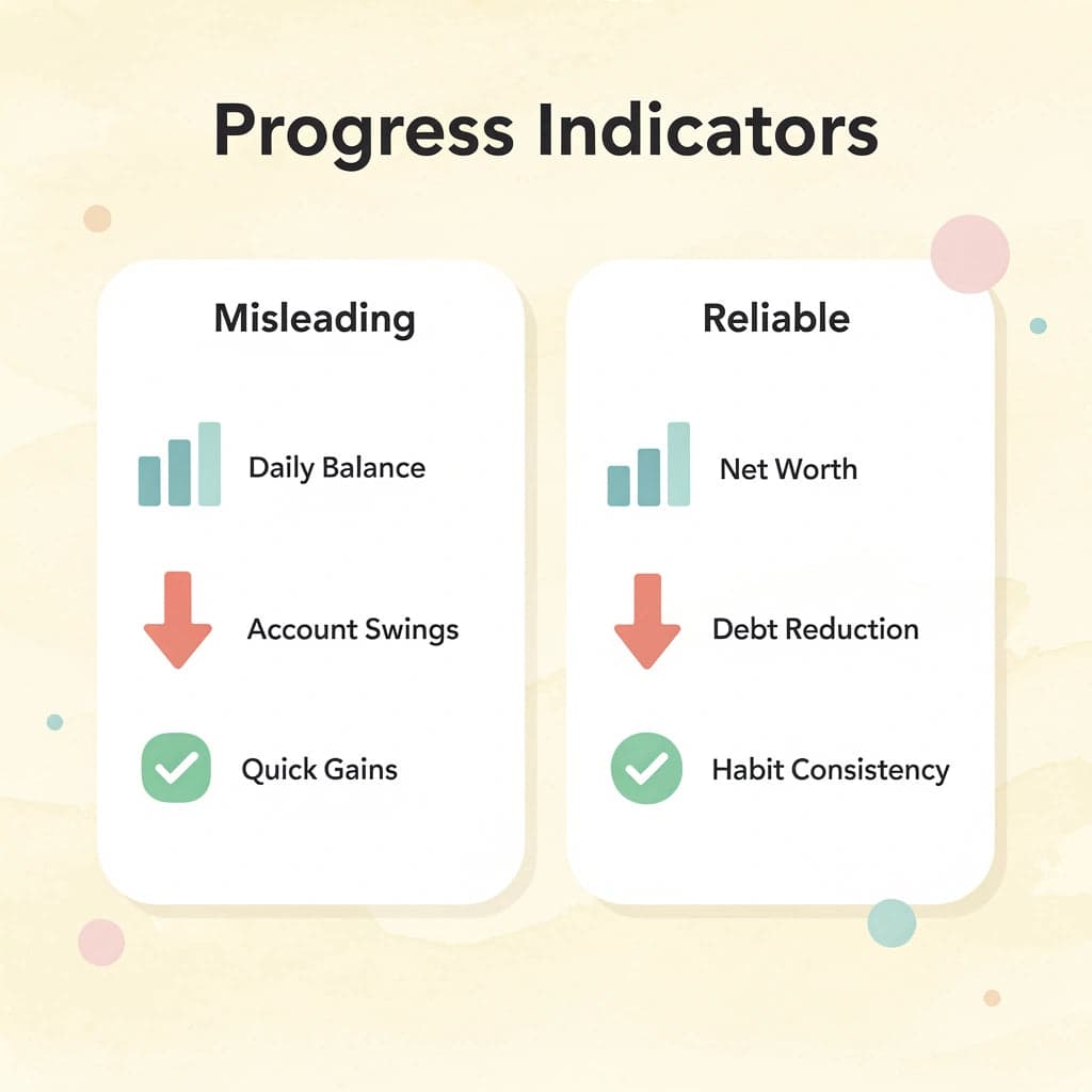 Comparison chart showing misleading versus reliable wealth progress indicators