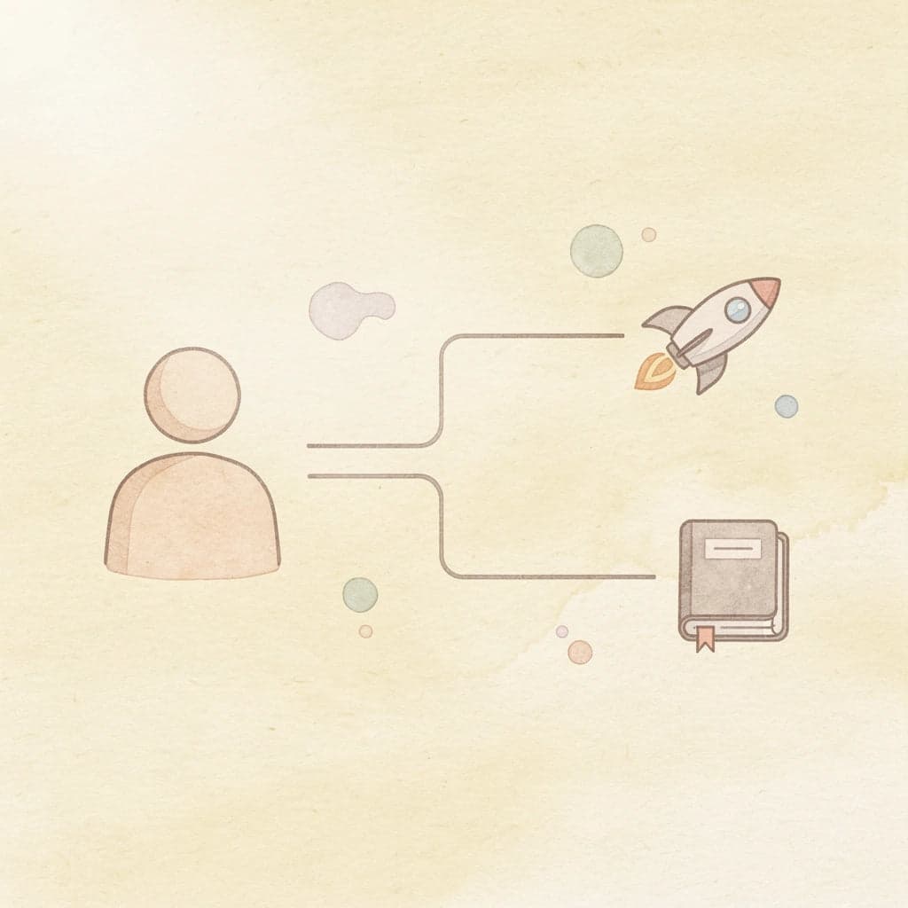 Lightbulb icon splitting into two paths representing knowledge versus implementation