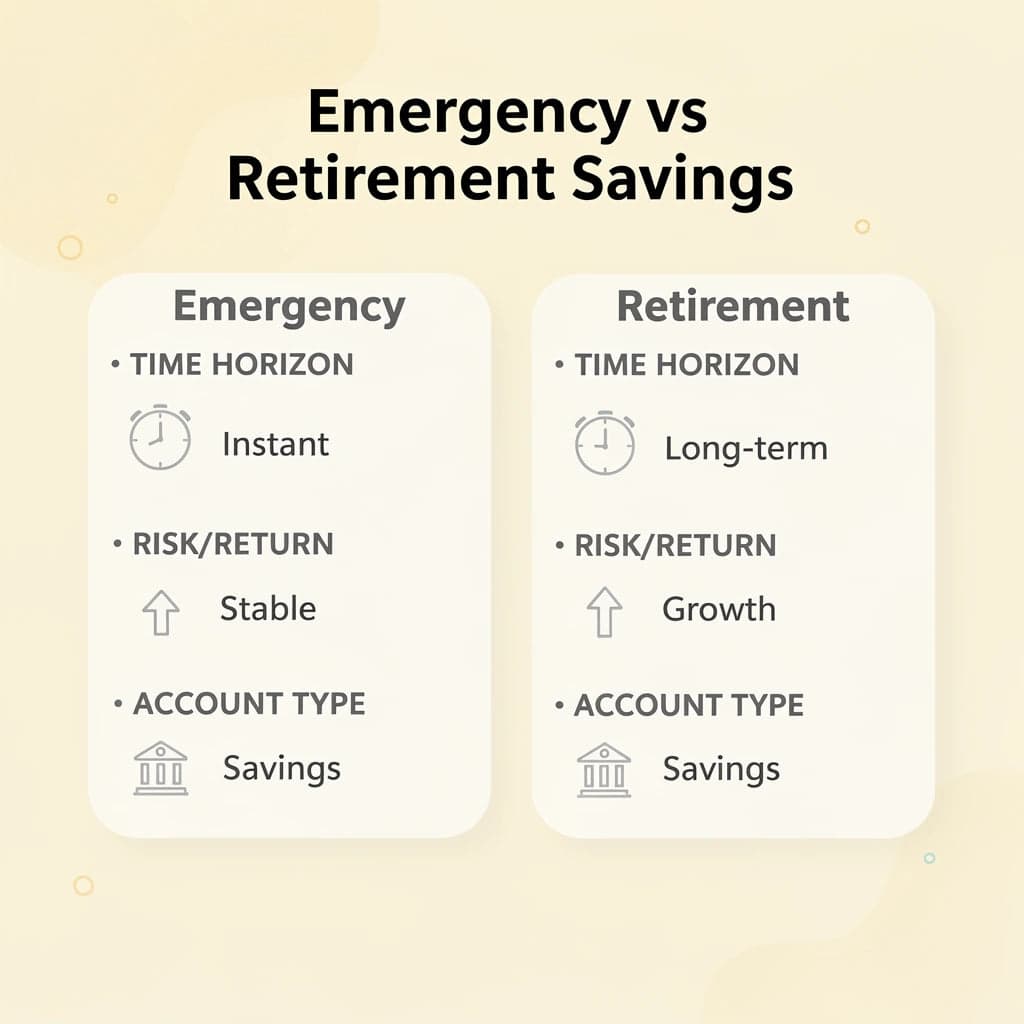 Comparison chart showing emergency fund versus retirement savings characteristics