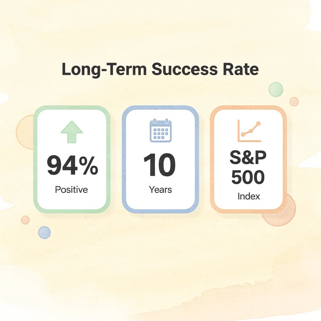 Statistics showing S&P 500's 94% positive return rate over 10-year periods