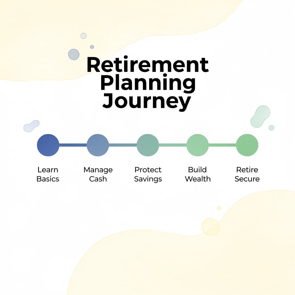 Timeline showing retirement planning journey from learning basics to secure retirement